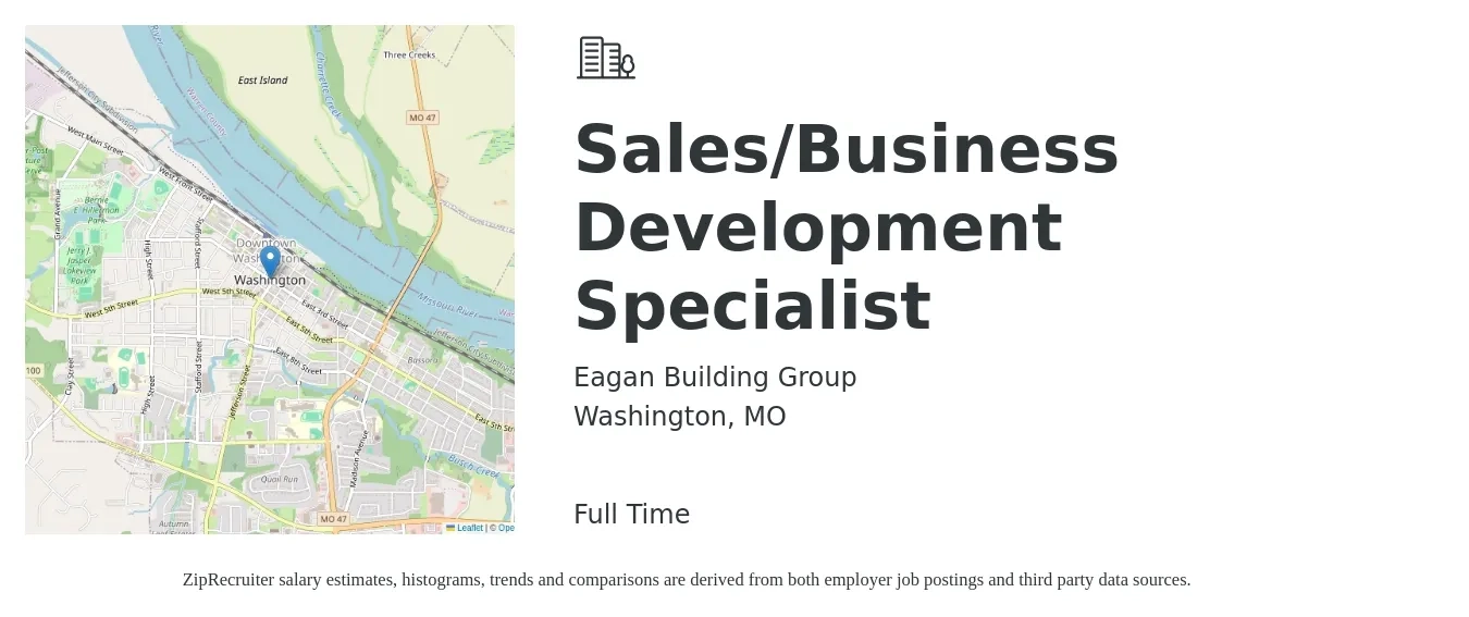 Eagan Building Group job posting for a Sales/Business Development Specialist in Washington, MO with a salary of $41,600 to $69,400 Yearly with a map of Washington location.