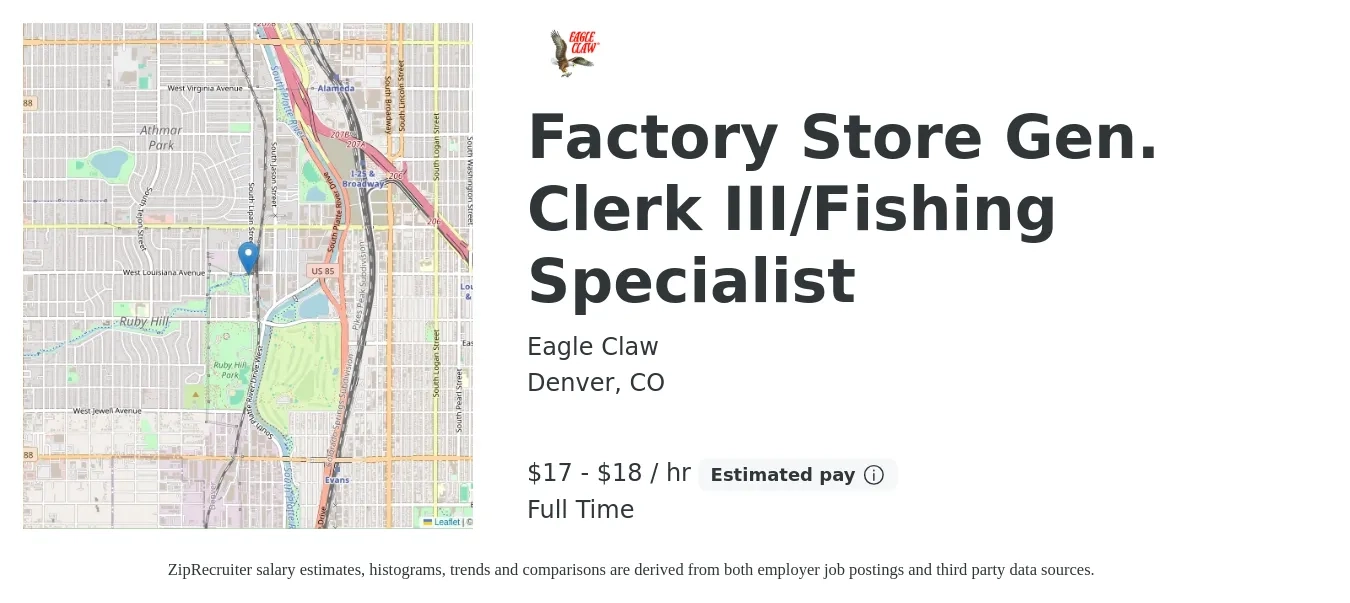 Eagle Claw job posting for a Factory Store Gen. Clerk III/Fishing Specialist in Denver, CO with a salary of $18 to $20 Hourly with a map of Denver location.