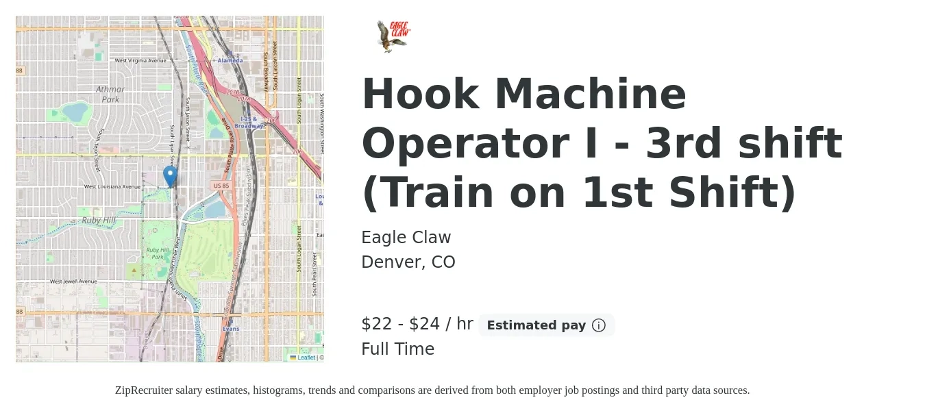 Eagle Claw job posting for a Hook Machine Operator I - 3rd shift (Train on 1st Shift) in Denver, CO with a salary of $24 to $25 Hourly with a map of Denver location.