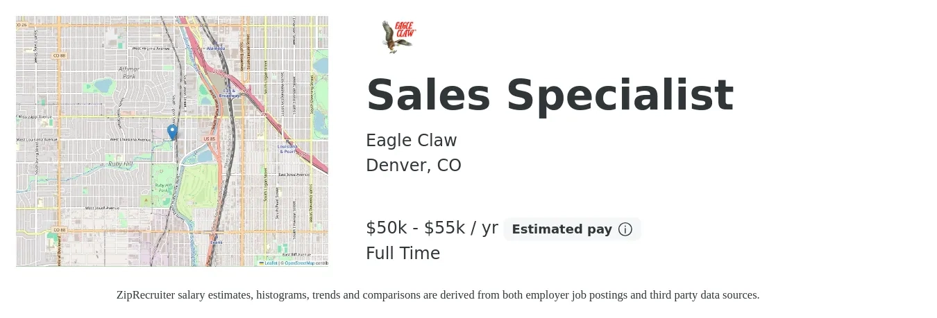 Eagle Claw job posting for a Sales Specialist in Denver, CO with a salary of $50,000 to $55,000 Yearly with a map of Denver location.