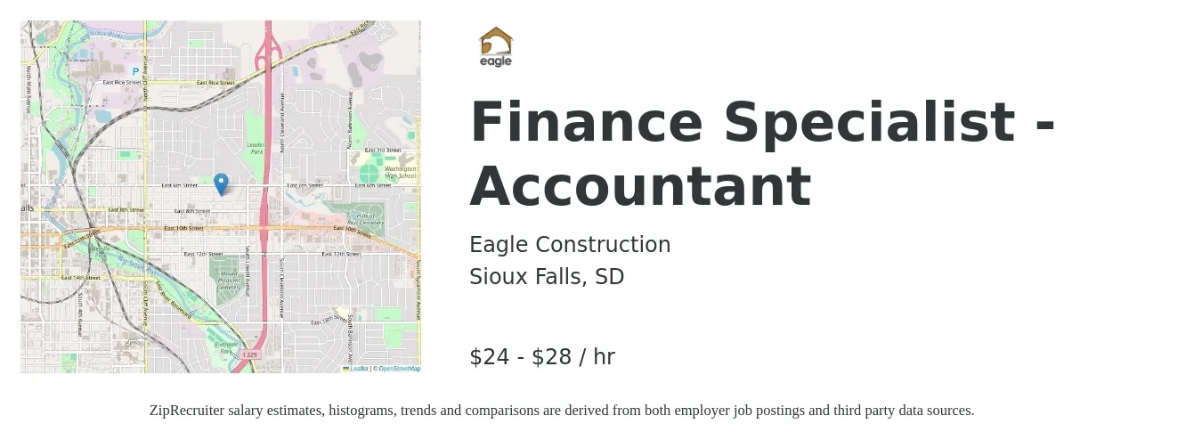 Eagle Construction job posting for a Finance Specialist - Accountant in Sioux Falls, SD with a salary of $25 to $30 Hourly with a map of Sioux Falls location.