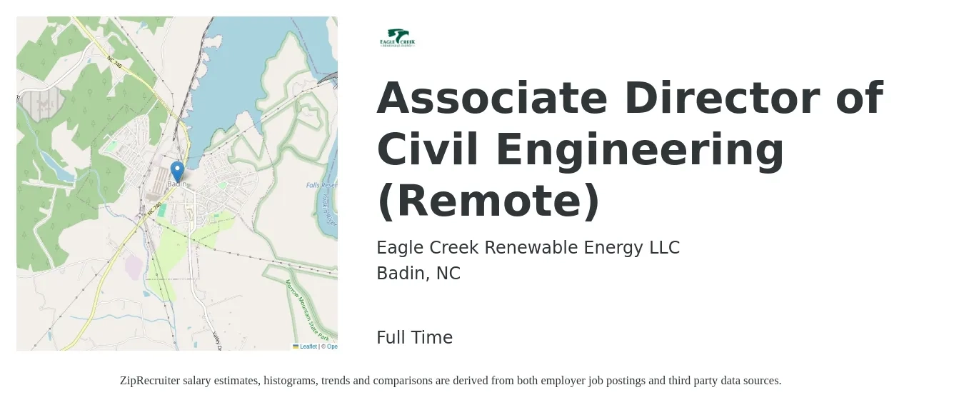 Eagle Creek Renewable Energy LLC job posting for a Associate Director of Civil Engineering (Remote) in Badin, NC with a salary of $70,400 to $111,000 Yearly with a map of Badin location.
