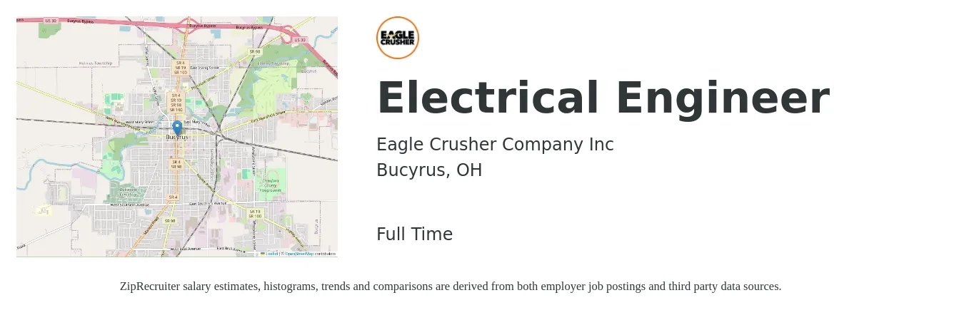 Eagle Crusher Company Inc job posting for a Electrical Engineer in Bucyrus, OH with a salary of $70,800 to $112,600 Yearly with a map of Bucyrus location.