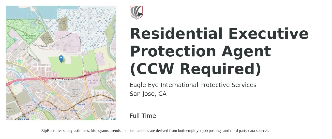 Eagle Eye International Protective Services job posting for a Residential Executive Protection Agent CCW Required in San Jose, CA with a salary of $20 to $27 Hourly with a map of San Jose location.