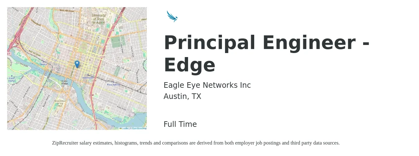 Eagle Eye Networks Inc job posting for a Principal Engineer - Edge in Austin, TX with a salary of $117,500 to $171,500 Yearly with a map of Austin location.