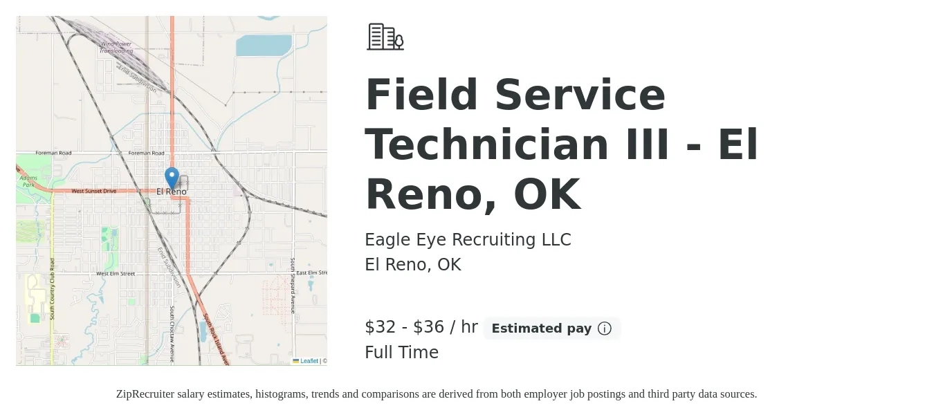 Eagle Eye Recruiting LLC job posting for a Field Service Technician III - El Reno, OK in El Reno, OK with a salary of $17 to $26 Hourly with a map of El Reno location.