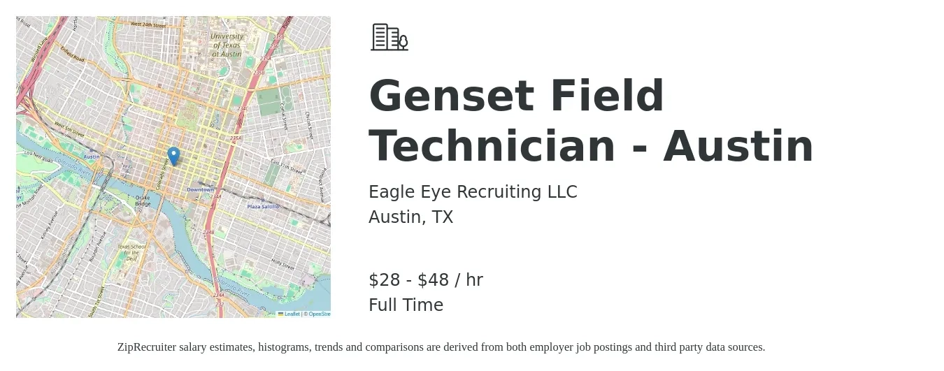 Eagle Eye Recruiting LLC job posting for a Genset Field Technician - Austin in Austin, TX with a salary of $30 to $50 Hourly with a map of Austin location.