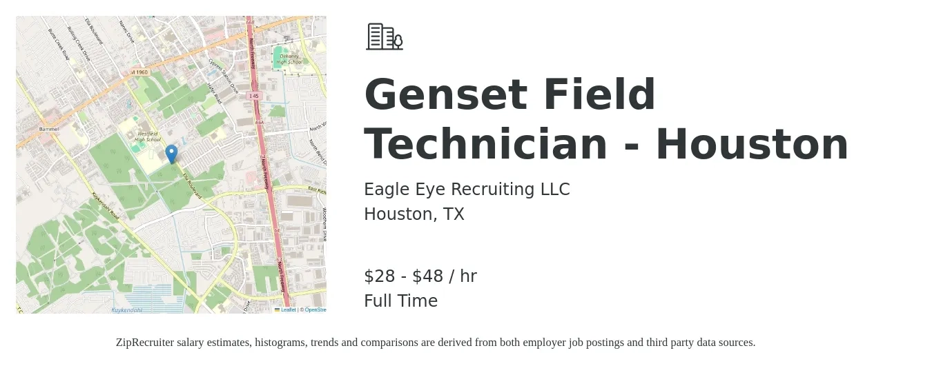 Eagle Eye Recruiting LLC job posting for a Genset Field Technician - Houston in Houston, TX with a salary of $30 to $50 Hourly with a map of Houston location.