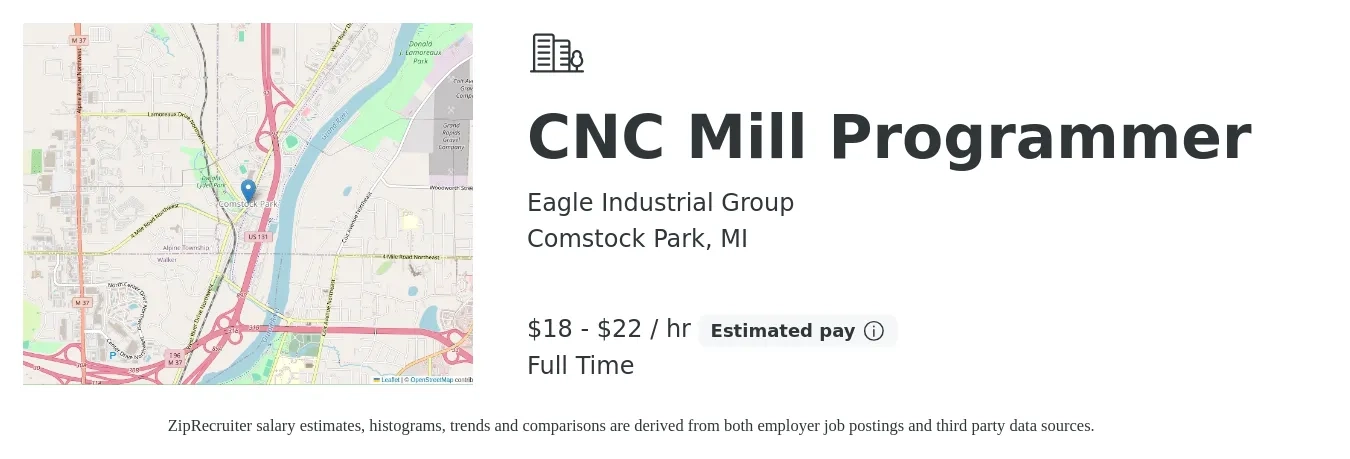 Eagle Industrial Group job posting for a CNC Mill Programmer in Comstock Park, MI with a salary of $19 to $23 Hourly with a map of Comstock Park location.