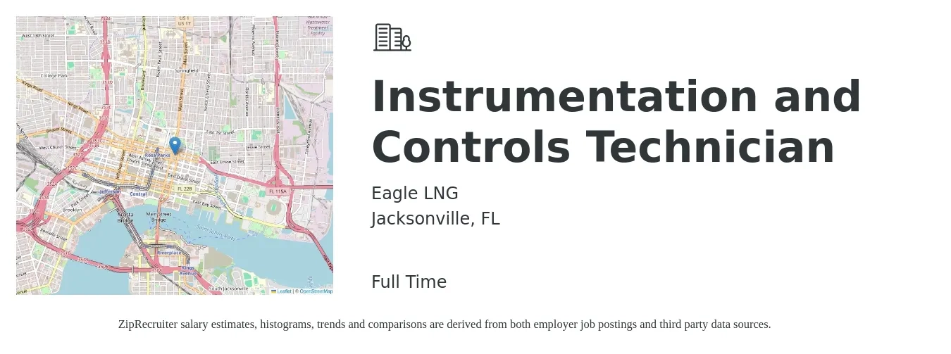 Eagle LNG job posting for a Instrumentation and Controls Technician in Jacksonville, FL with a salary of $28 to $40 Hourly with a map of Jacksonville location.
