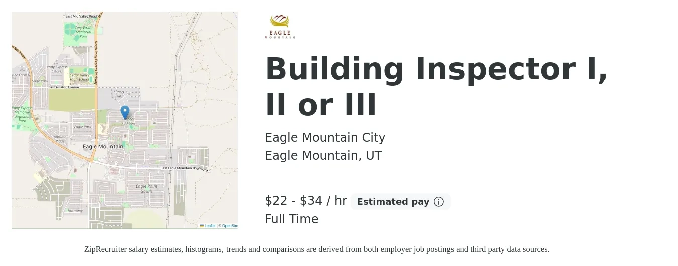 Eagle Mountain City job posting for a Building Inspector I, II or III in Eagle Mountain, UT with a salary of $23 to $36 Hourly with a map of Eagle Mountain location.