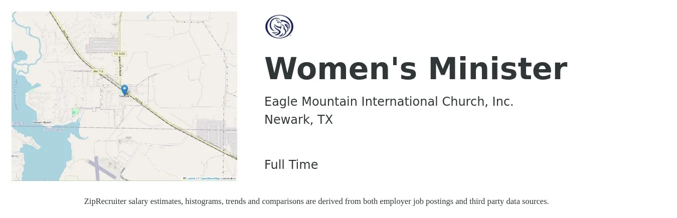 Eagle Mountain International Church, Inc. job posting for a Women's Minister in Newark, TX with a salary of $38,200 to $59,700 Yearly with a map of Newark location.