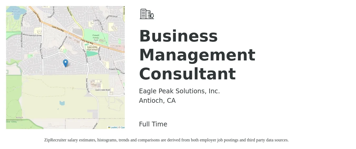 Eagle Peak Solutions, Inc. job posting for a Business Management Consultant in Antioch, CA with a salary of $57,600 to $66,200 Yearly with a map of Antioch location.