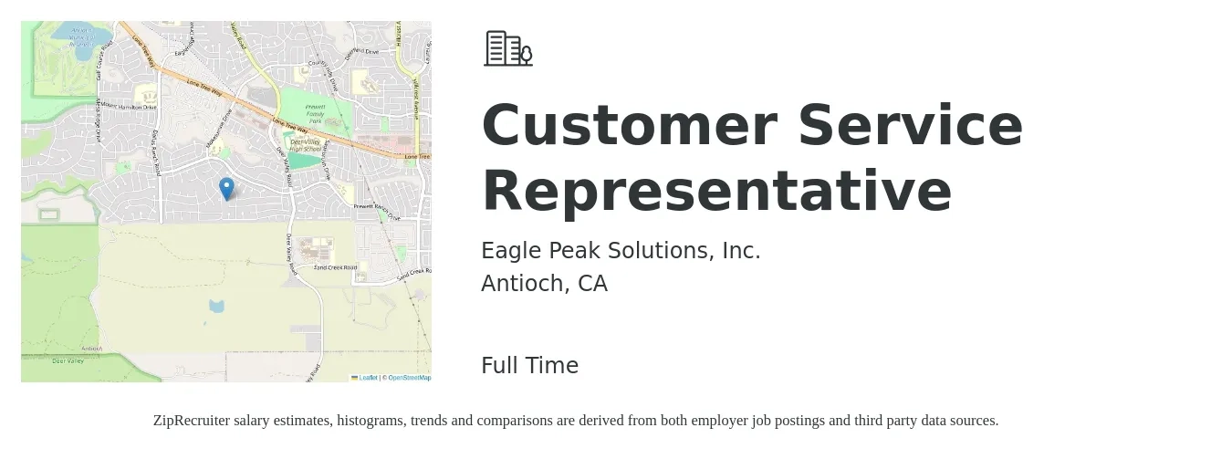 Eagle Peak Solutions, Inc. job posting for a Customer Service Representative in Antioch, CA with a salary of $18 to $24 Hourly with a map of Antioch location.