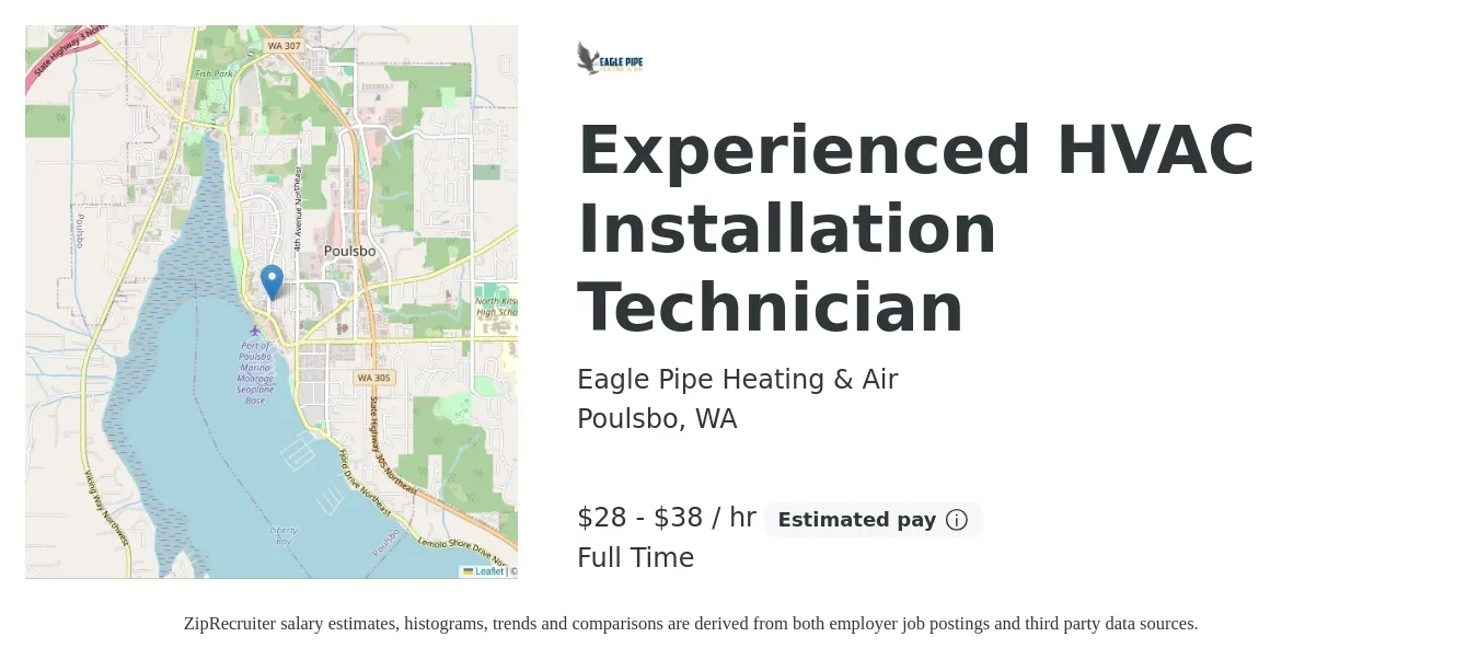 Eagle Pipe Heating & Air job posting for a Experienced HVAC Installation Technician in Poulsbo, WA with a salary of $30 to $40 Hourly with a map of Poulsbo location.