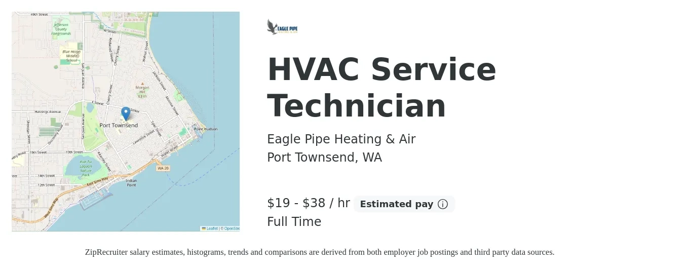 Eagle Pipe Heating & Air job posting for a HVAC Service Technician in Port Townsend, WA with a salary of $20 to $40 Hourly with a map of Port Townsend location.