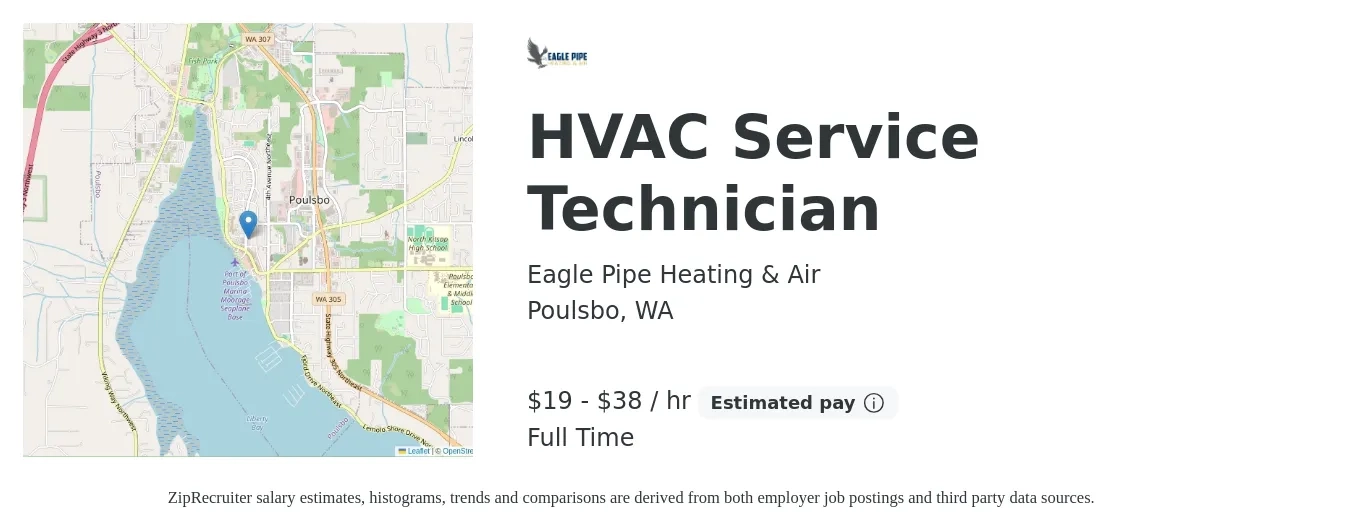 Eagle Pipe Heating & Air job posting for a HVAC Service Technician in Poulsbo, WA with a salary of $20 to $40 Hourly with a map of Poulsbo location.