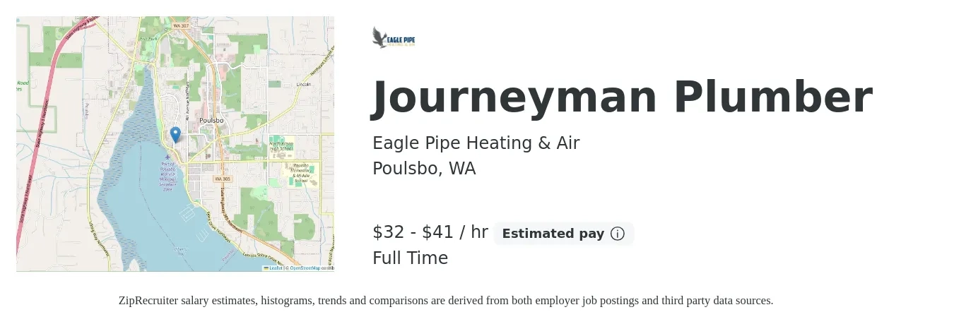Eagle Pipe Heating & Air job posting for a Journeyman Plumber in Poulsbo, WA with a salary of $70,000 to $90,000 Yearly with a map of Poulsbo location.