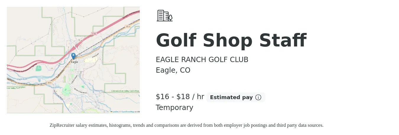 EAGLE RANCH GOLF CLUB job posting for a Golf Shop Staff in Eagle, CO with a salary of $17 to $19 Hourly with a map of Eagle location.