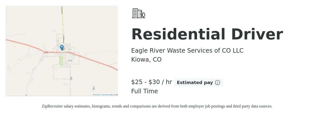Eagle River Waste Services of CO LLC job posting for a Residential Driver in Kiowa, CO with a salary of $26 to $32 Hourly with a map of Kiowa location.