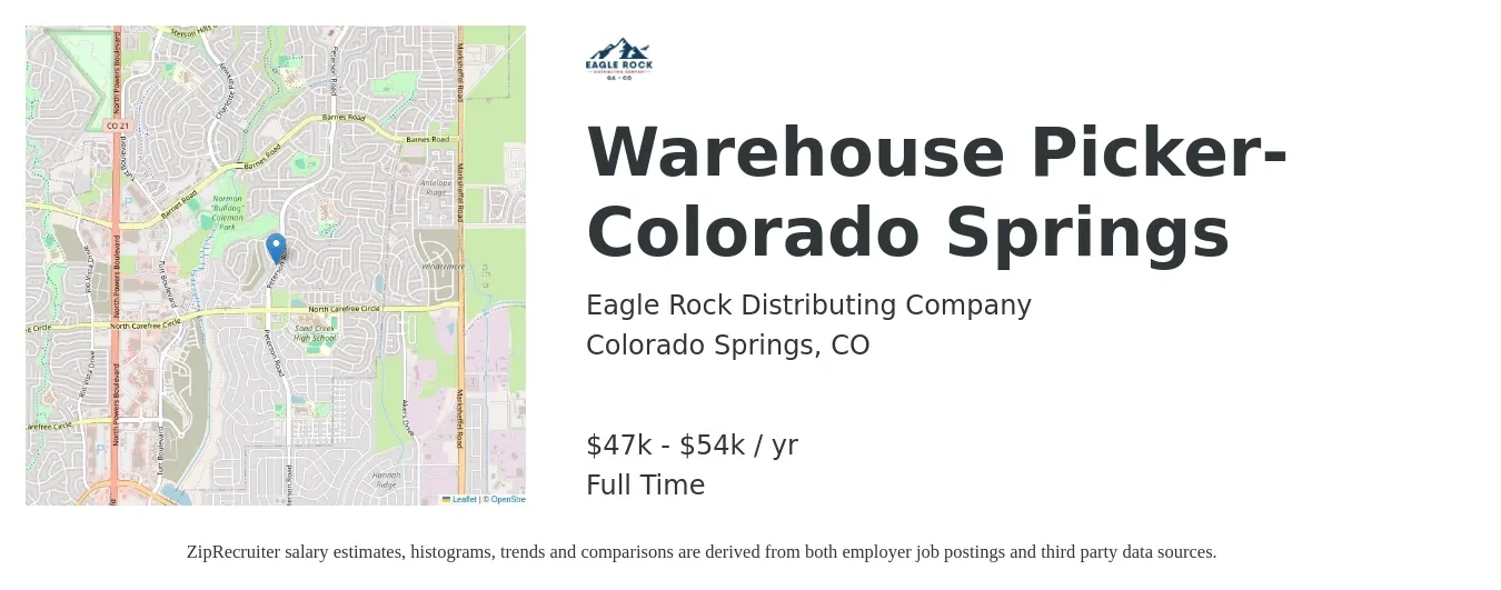 Eagle Rock Distributing Company job posting for a Warehouse Picker- Colorado Springs in Colorado Springs, CO with a salary of $47,000 to $54,000 Yearly with a map of Colorado Springs location.