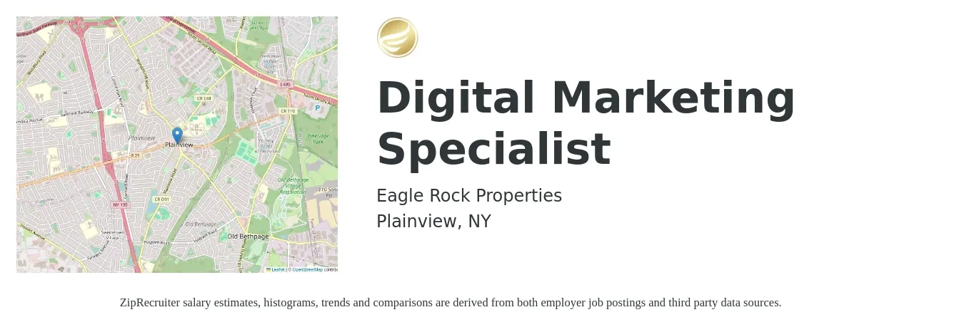 Eagle Rock Properties job posting for a Digital Marketing Specialist in Plainview, NY with a salary of $65,000 to $75,000 Yearly with a map of Plainview location.