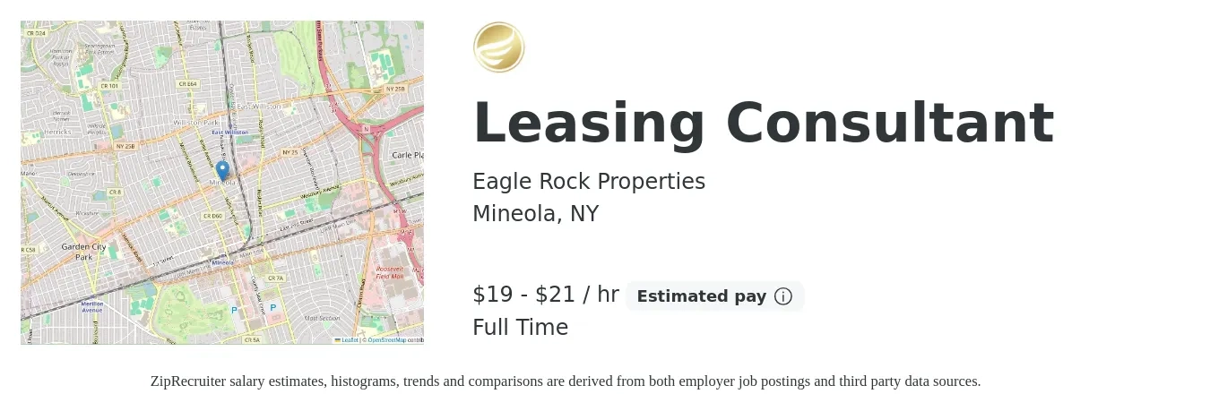 Eagle Rock Properties job posting for a Leasing Consultant in Mineola, NY with a salary of $20 to $22 Hourly with a map of Mineola location.