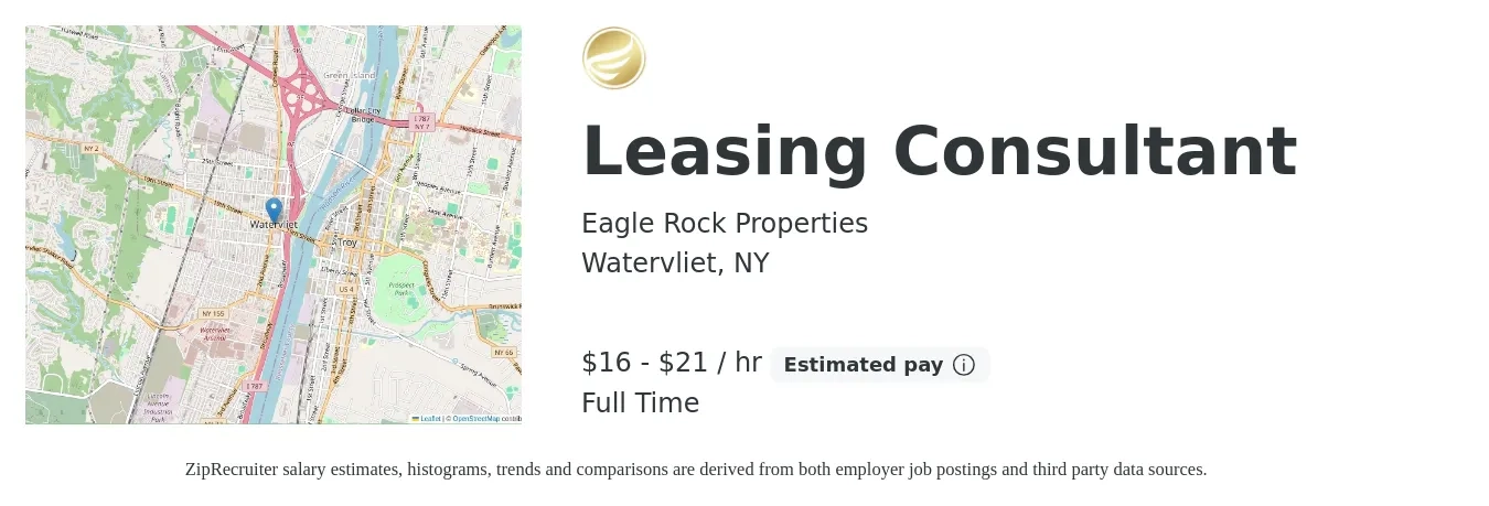 Eagle Rock Properties job posting for a Leasing Consultant in Watervliet, NY with a salary of $17 to $22 Hourly with a map of Watervliet location.