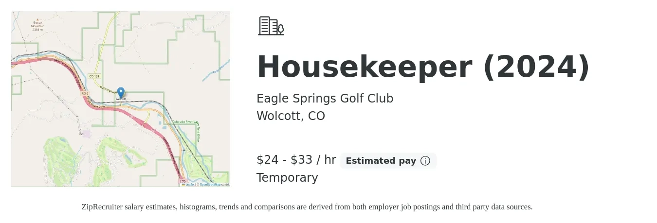 Eagle Springs Golf Club job posting for a Housekeeper (2024) in Wolcott, CO with a salary of $25 to $35 Hourly with a map of Wolcott location.