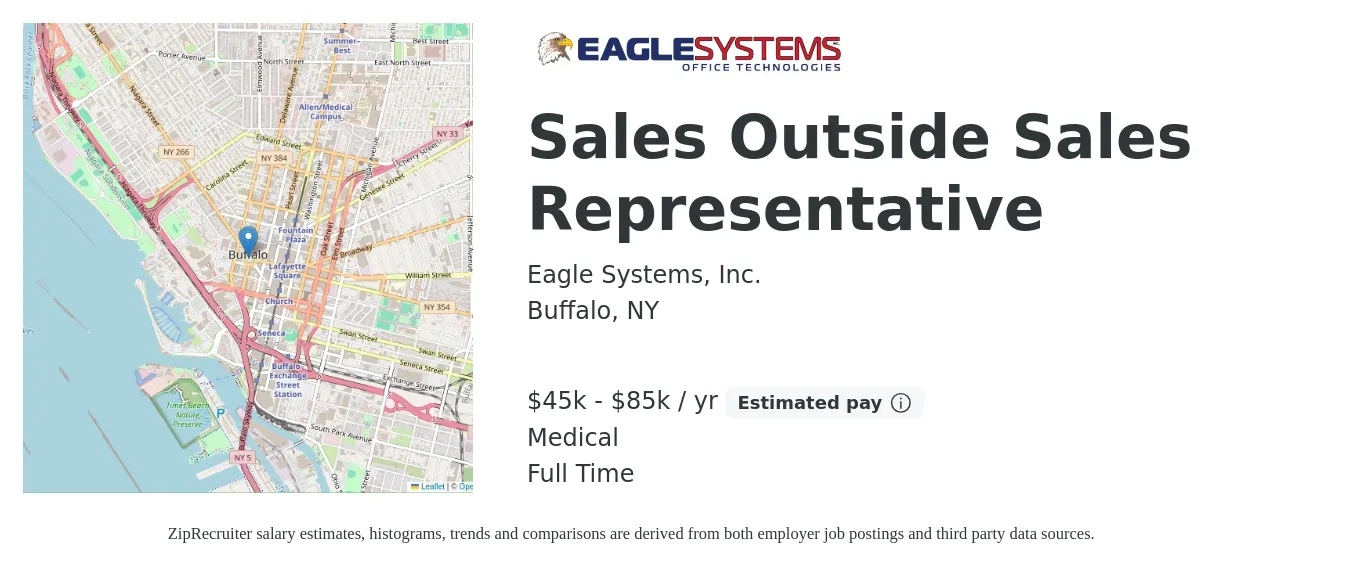 Eagle Systems, Inc. job posting for a Sales Outside Sales Representative in Buffalo, NY with a salary of $45,000 to $85,000 Yearly and benefits including retirement, medical, and pto with a map of Buffalo location.