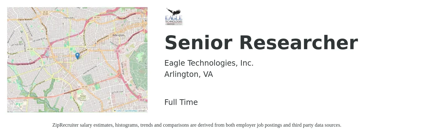 Eagle Technologies, Inc. job posting for a Senior Researcher in Arlington, VA with a salary of $57,100 to $112,600 Yearly with a map of Arlington location.