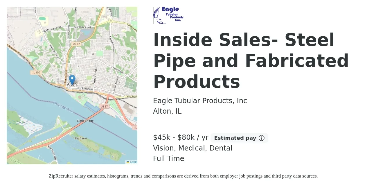 Eagle Tubular Products, Inc job posting for a Inside Sales- Steel Pipe and Fabricated Products in Alton, IL with a salary of $45,000 to $80,000 Yearly (plus commission) and benefits including pto, retirement, vision, dental, life_insurance, and medical with a map of Alton location.