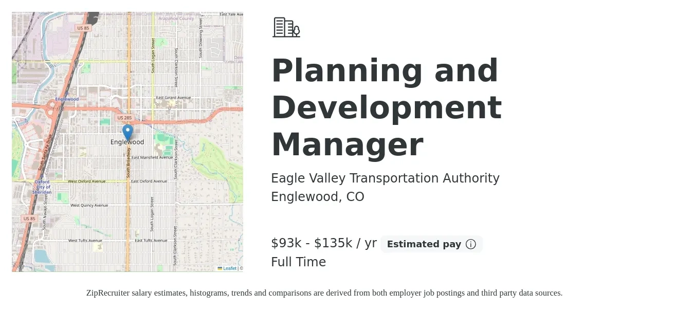 Eagle Valley Transportation Authority job posting for a Planning and Development Manager in Englewood, CO with a salary of $93,000 to $135,000 Yearly with a map of Englewood location.