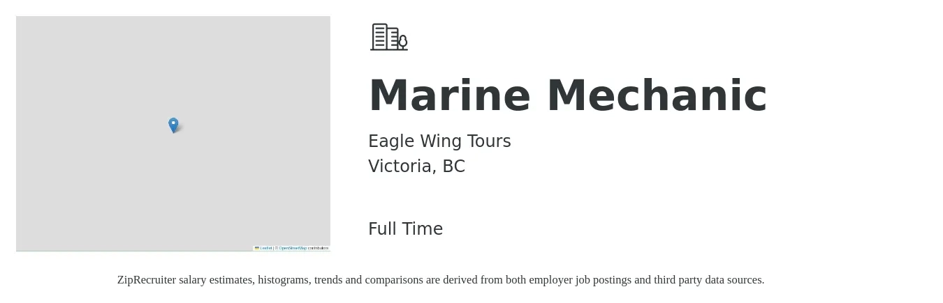 Eagle Wing Tours job posting for a Marine Mechanic in Victoria, BC with a salary of $35 to $50 Hourly with a map of Victoria location.