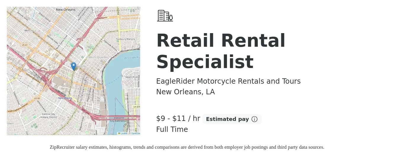 EagleRider Motorcycle Rentals and Tours job posting for a Retail Rental Specialist in New Orleans, LA with a salary of $10 to $12 Hourly with a map of New Orleans location.