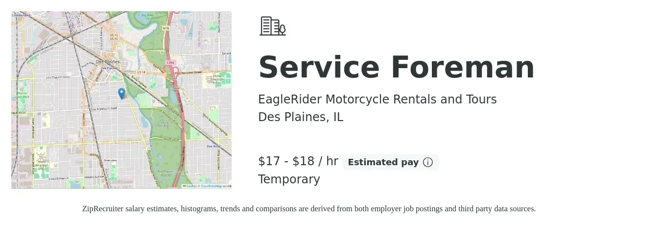 EagleRider Motorcycle Rentals and Tours job posting for a Service Foreman in Des Plaines, IL with a salary of $18 to $19 Hourly with a map of Des Plaines location.