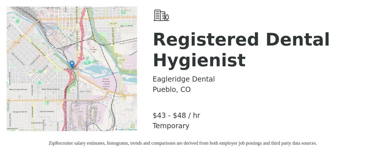 Eagleridge Dental job posting for a Registered Dental Hygienist in Pueblo, CO with a salary of $45 to $50 Hourly with a map of Pueblo location.