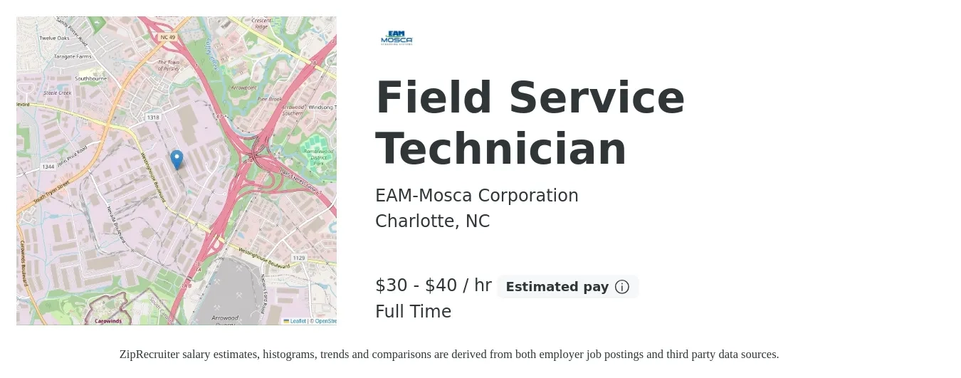 EAM-Mosca Corporation job posting for a Field Service Technician in Charlotte, NC with a salary of $32 to $42 Hourly with a map of Charlotte location.