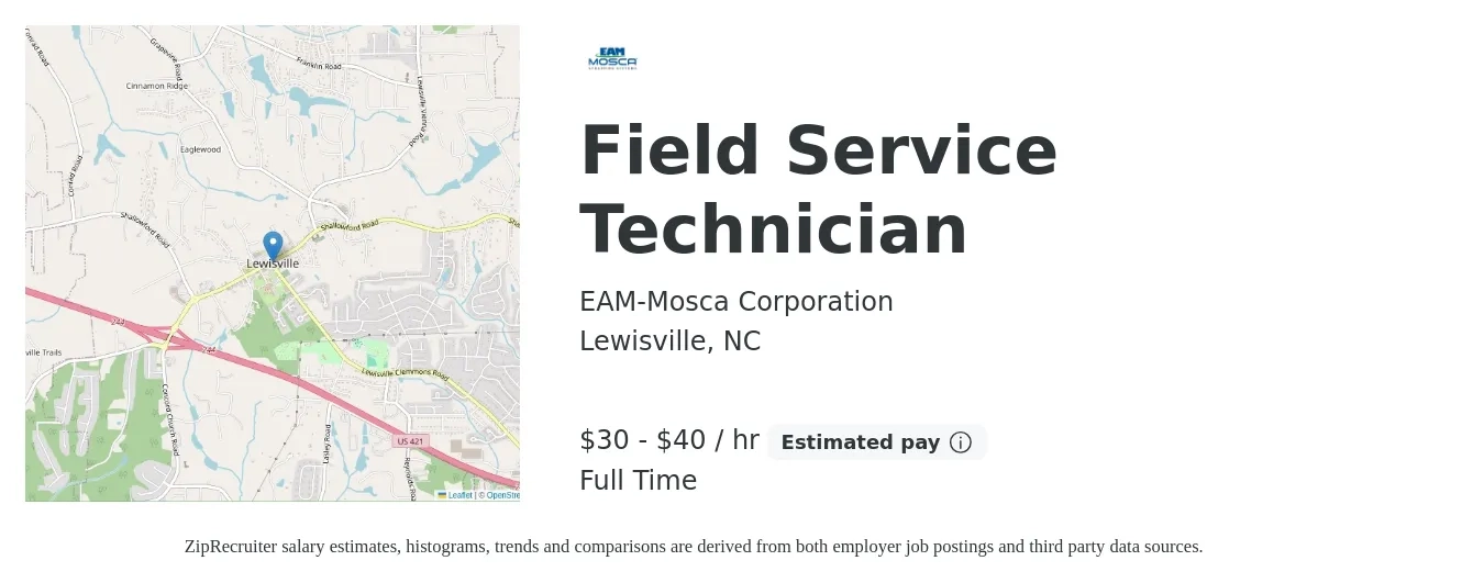 EAM-Mosca Corporation job posting for a Field Service Technician in Lewisville, NC with a salary of $32 to $42 Hourly with a map of Lewisville location.