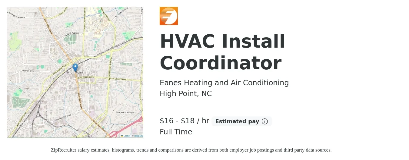 Eanes Heating and Air Conditioning job posting for a HVAC Install Coordinator in High Point, NC with a salary of $17 to $19 Hourly with a map of High Point location.