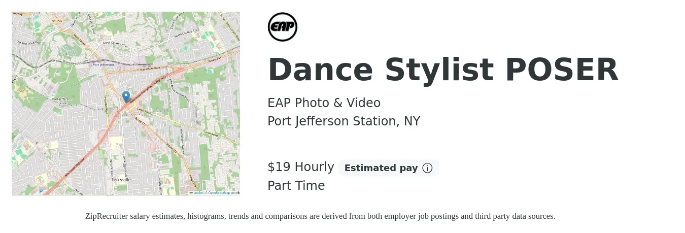 EAP Photo & Video job posting for a Dance Stylist POSER in Port Jefferson Station, NY with a salary of $20 Hourly with a map of Port Jefferson Station location.