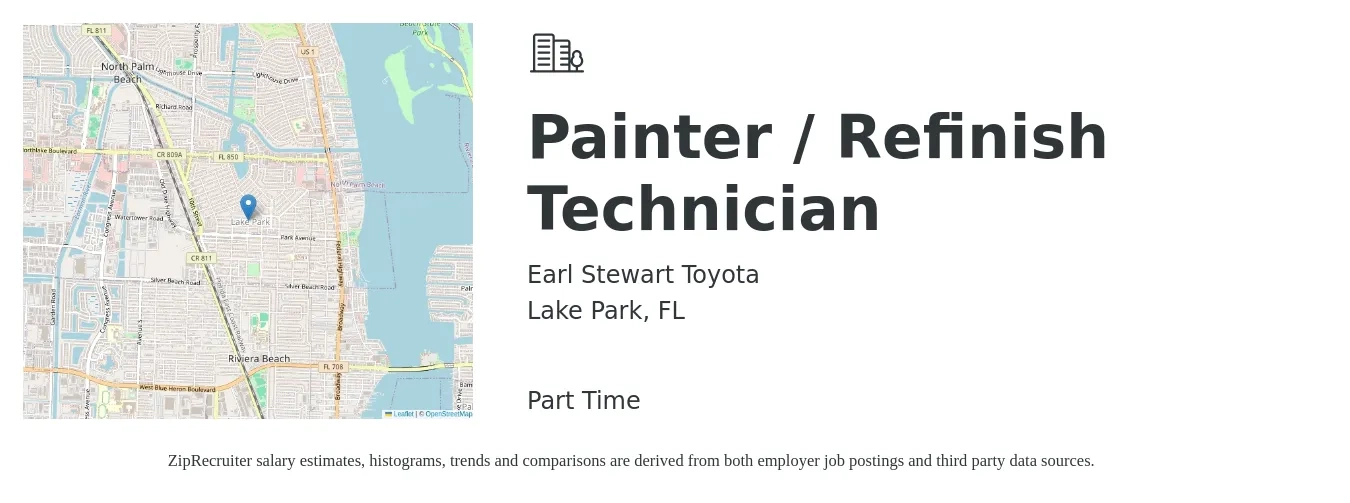 Earl Stewart Toyota job posting for a Painter / Refinish Technician in Lake Park, FL with a salary of $19 to $30 Hourly with a map of Lake Park location.