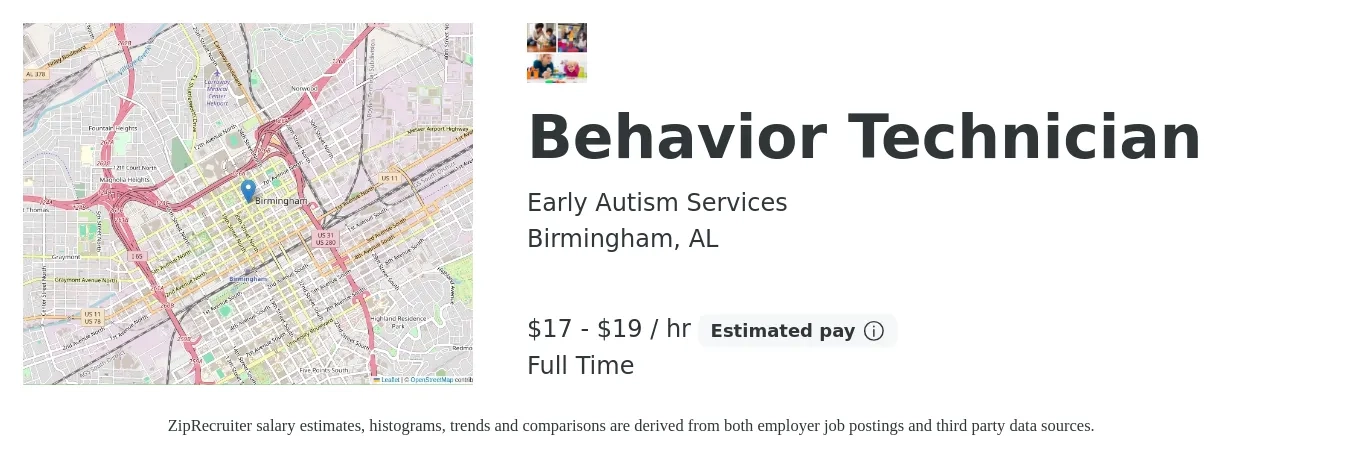 Early Autism Services job posting for a Behavior Technician in Birmingham, AL with a salary of $18 to $20 Hourly with a map of Birmingham location.