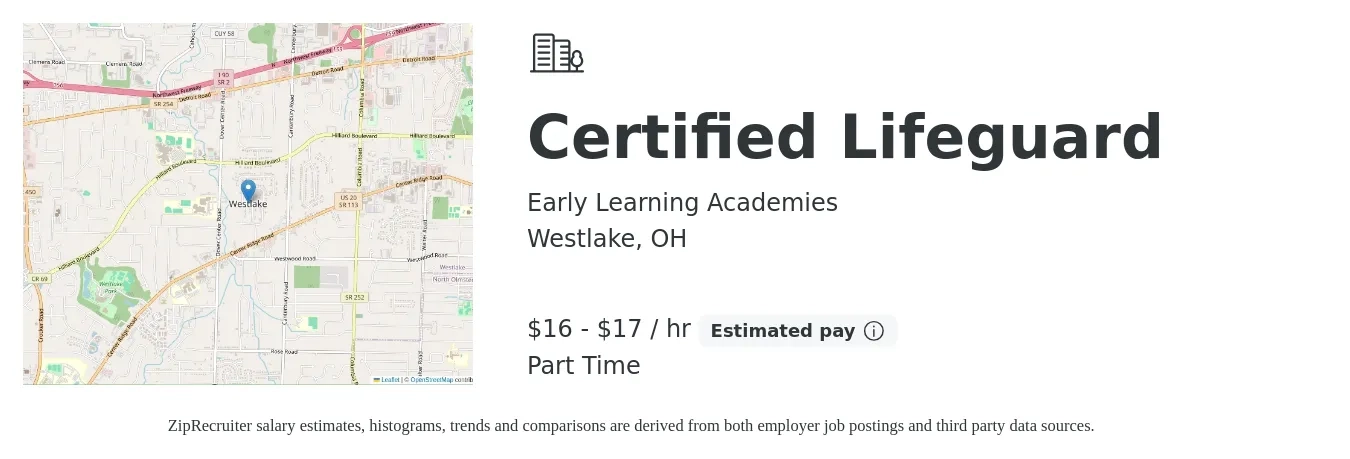 Early Learning Academies job posting for a Certified Lifeguard in Westlake, OH with a salary of $17 to $18 Hourly with a map of Westlake location.