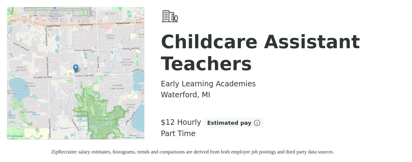 Early Learning Academies job posting for a Childcare Assistant Teachers in Waterford, MI with a salary of $12 to $14 Hourly with a map of Waterford location.