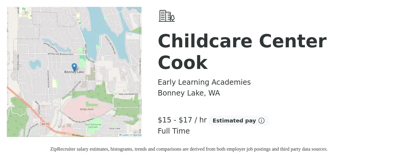 Early Learning Academies job posting for a Childcare Center Cook in Bonney Lake, WA with a salary of $16 to $18 Hourly with a map of Bonney Lake location.