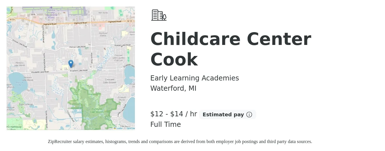 Early Learning Academies job posting for a Childcare Center Cook in Waterford, MI with a salary of $13 to $15 Hourly with a map of Waterford location.