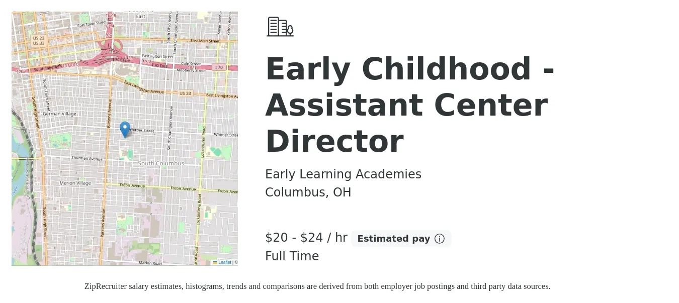 Early Learning Academies job posting for a Early Childhood - Assistant Center Director in Columbus, OH with a salary of $45,000 to $52,000 Yearly with a map of Columbus location.