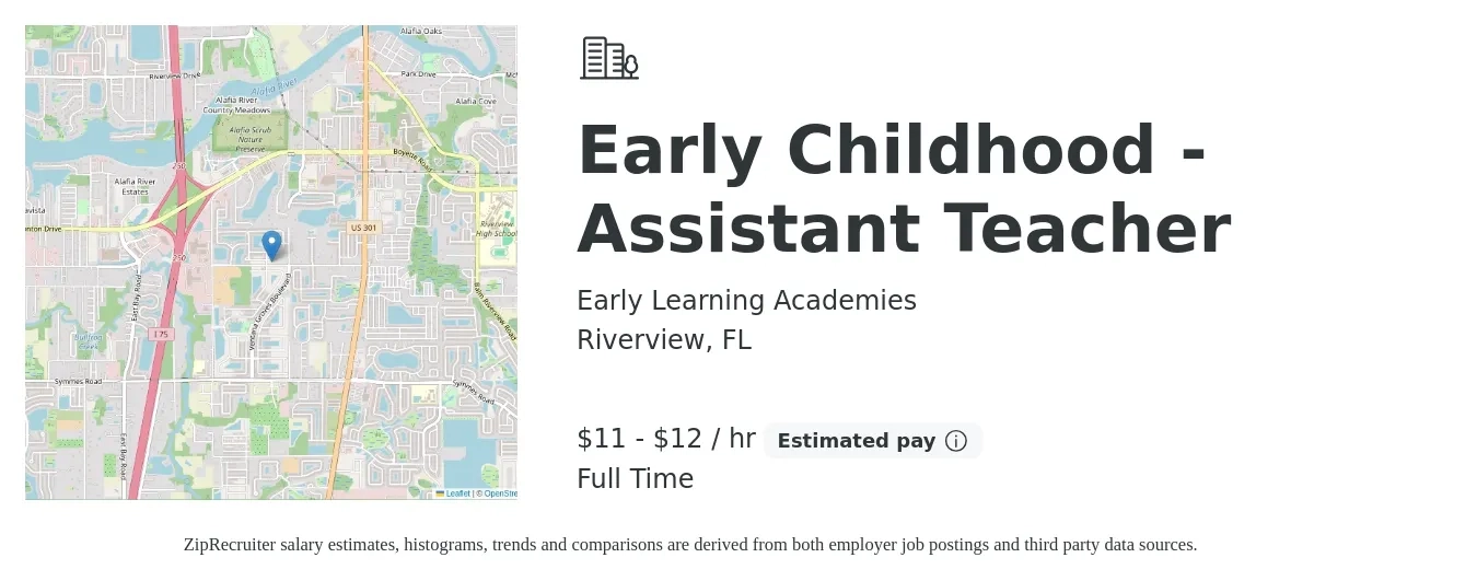 Early Learning Academies job posting for a Early Childhood Assistant Teacher in Riverview, FL with a salary of $12 to $14 Hourly with a map of Riverview location.