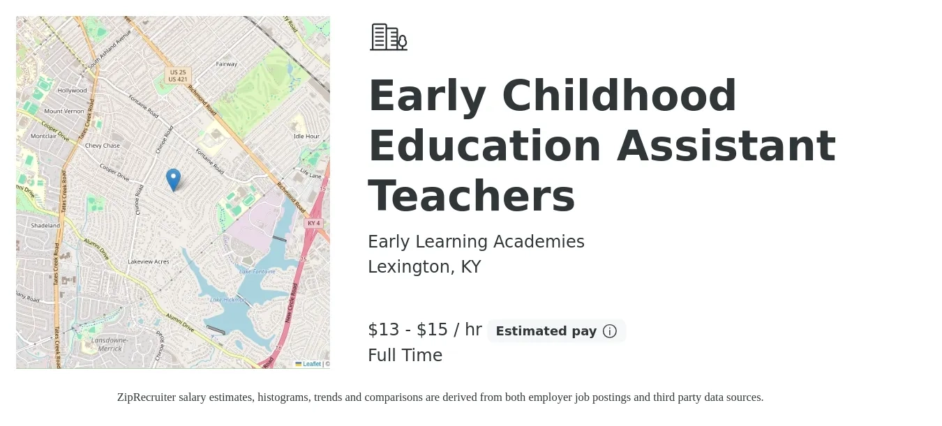 Early Learning Academies job posting for a Early Childhood Education Assistant Teachers in Lexington, KY with a salary of $14 to $16 Hourly with a map of Lexington location.